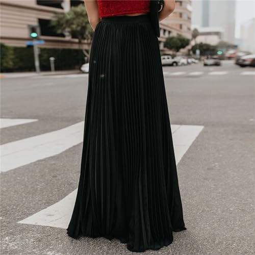 crazynekos Women's High Elastic Waist Pleated Flowy Swing A-line Maxi Skirts4