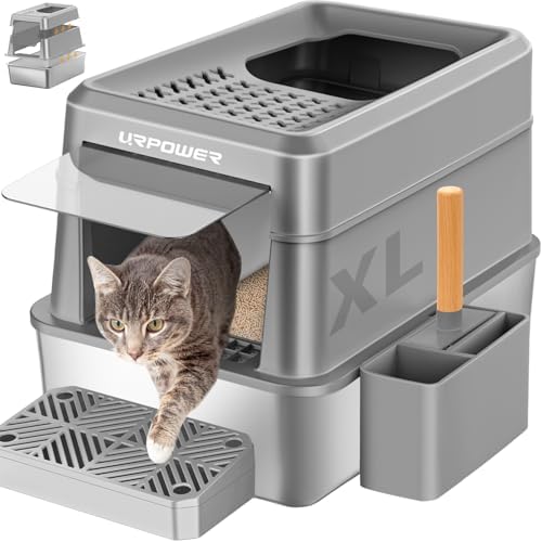 URPOWER Stainless Steel Cat Litter Box with Lid Extra Large Enclo...
