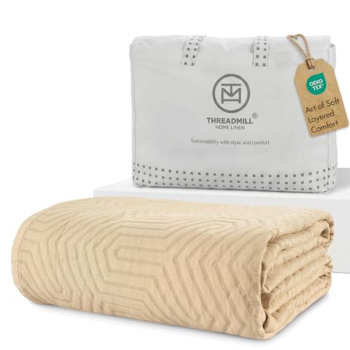Threadmill Luxury Cotton Blankets for King Size Bed | All-Season Cozy 100% Cotton Blanket | Aster Jacquard Soft & Lightweight Coverlet fits California King Size Bed, 104x92 | Beige