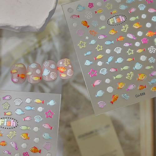 Image of Fish Nail Stickers Decals Summer Nail Art Stickers Cute 5D Nail Decals for Nails Art with Coral Design Self Adhesive for Women Manicure Decoration Accessories