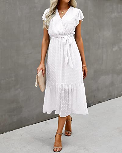Image of BTFBM Women Summer Bohemian Floral Casual Wrap V Neck Ruffle Cap Sleeveless Belt A-Line Pleated Hem Midi Sun Dress White