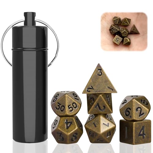 Uirheurd Mini Dice Set 7 Stück DND Würfel Set mit Würfel Fall Schlüsselanhänger, Bronze Metall Dice Polyedrisches Würfel Set für Dungeons und Dragons RPG MTG DND Würfel Tischspiele Gifts