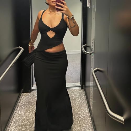 Image of Women Sexy Maxi Dress Cut Out V Neck Spaghetti Straps Bodycon Long Dress Summer Party Cocktail Wear
