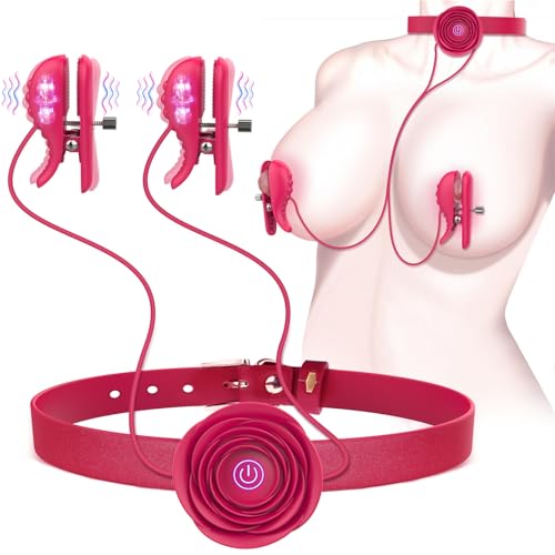 Nipple Toys Vibrator with BDSM Rose Necklace Sex Toys Collahelper Nipple Clamps Sex Pleasure Tools for Women Couples Adjustable Nipple Clips Vibrators with BDSM Choker Breast Flirting Stimulate