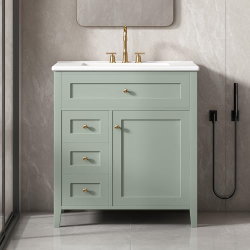 Image of 30 inch Bathroom Vanities with Top Set, Cabinet with Multi-Functional Tip-Out Drawer and Adjustable Shelf, Soft-Closing Door, Solid Wood Legs, Green