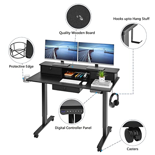Lagrima Height Adjustable Standing Desk, 55 X 24 Inches Electric Sit Stand Desk With 3 Drawers And Storage Shelf, Stand Up Desk Home Office Desk With 4 Memory Presets(Black), Desk7050 #TOP6