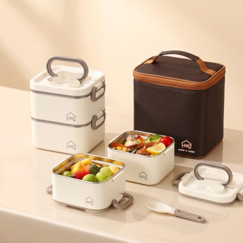 Image of House of Quirk 304 Stainless Steel Lunch Box, 2 Containers with 1 Divider Container, Insulated Lunch Bag & Spoon, Leakproof Bento Tiffin Box for Office, School & College, BPA Free (Beige)