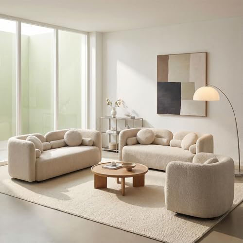 Image of 69.29 inch Curved Sofa Set, 2 Loveseats and Accent Chair, Modern Minimalist Boucle Couch Set, Deep Seat Solid Wood Frame, No Assembly Required, Sofa and Chair Set for Living Room Bedroom Office, Beige