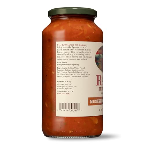 Image of Rao's Homemade Mushroom and Bell Pepper Sauce, 24 oz, Tomato Sauce, All Purpose, Keto Friendly Pasta Sauce, Premium Quality Tomatoes from Italy, Mushrooms, and Bell Peppers (Pack of 4)