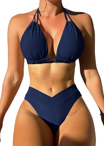 Sangdut Damen Zweiteiliger Bikini Set V Ausschnitt Badeanzug Push Up Shape Bikini Bademode Bauchkontrolle Mit Cups Triangel Bikinihose(Blau,2XL) Sangdut Damen Zweiteiliger Bikini Set V Ausschnitt Badeanzug Push Up Shape Bikini Bademode Bauchkontrolle Mit Cups Triangel Bikinihose(Blau,2XL)