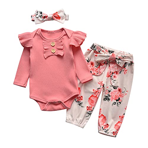 Image of Joy Duck Newborn Infant Baby Girl Clothes Ruffle Long Sleeve Romper and Floral Pants with Headband 3PCS Set