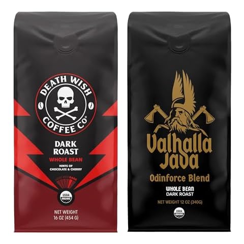 Death Wish Coffee Co. Whole Beans - Extra Kick of Caffeine - 1 lb & Valhalla Java Odinforce Blend 12 oz - Whole Bean Coffee Bundle/Bulk - USDA Certified Organic - Fair Trade - Arabica & Robusta Beans Cover