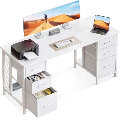 Coleshome Schreibtisch mit 6 Schubladen, 160x52 cm Computertisch mit Ablageflächen, Schreibtisch Weiß für Home Office