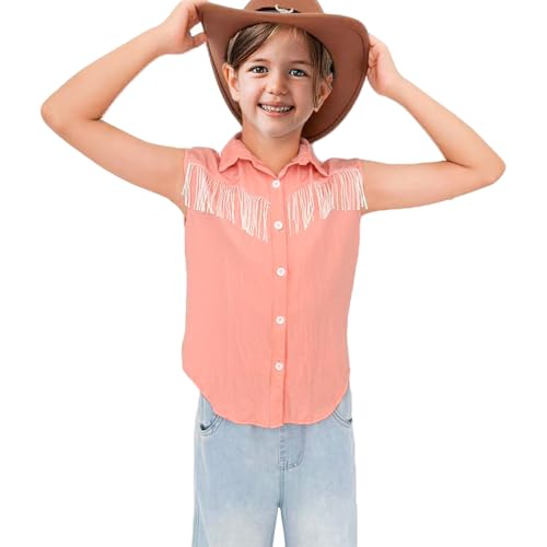 Girls Kids Fringe Vest Sleeveless Western Cowgirl Tassel Trim Casual Blouse Button Down Tassel Vest Shirt Top 5-13Years2