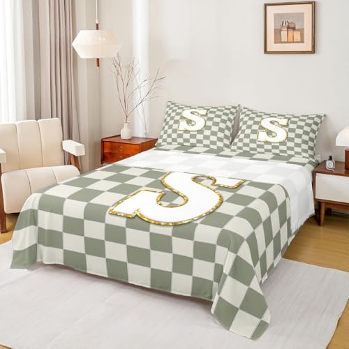 Image of Erosebridal Sage Green Checkered Bed Sheets Twin Plaid Initial S Sheet Set Personalized Monogram Bedding Set for Kids Boys Girls,Fashion Grids Gingham Fitted Flat Sheets 3 Piece