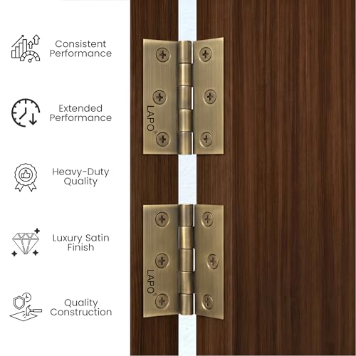 Image of LAPO Stainless Steel Door Hinges, 3 Inch x 14 Gauge /1.5mm Thickness, Plain Joint Butt Hinges, Seamless Movement Performance, Strong Kabja for Window Doors, 5 Years Warranty, Antique Finish, Pack of 3