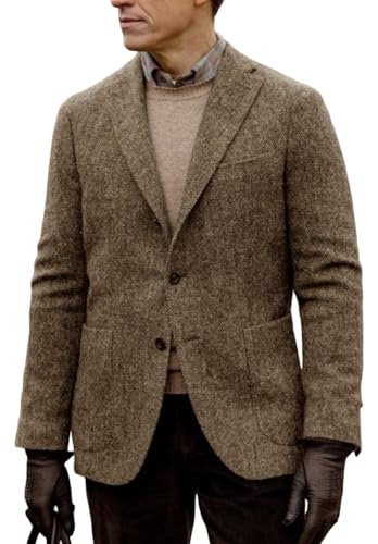 Men's 3-Button Wool Blend Blazer Vintage Herringbone Sport Jacket with Pocket Square