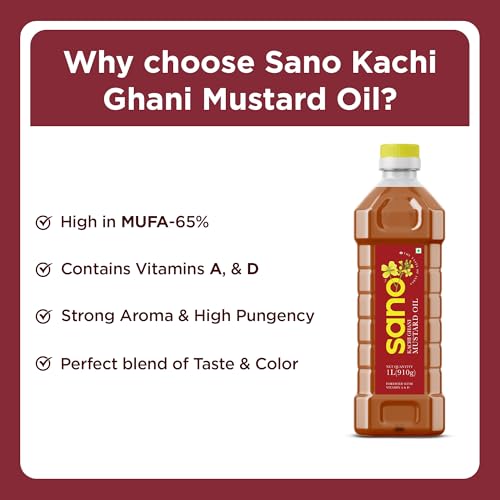 Image of SANO Kachi Ghani Mustard Oil 1 Ltr | High in Monounsaturated Fats (MUFA) | Vitamin A and D Fortified Oil | Cholesterol and Trans Fat Free | Ideal for Frying, Roasting, Tempering, and Pickling | Indian Cooking
