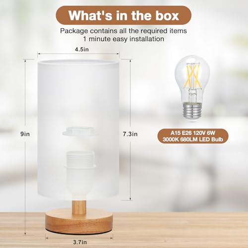 Image of Fenmzee Small Table Lamp for Bedroom - Inline Control, Bedside Lamp with 3000K A15 LED Blub, Easy Assembly (White Shade - Wood Base, 9 inch Inline Control)