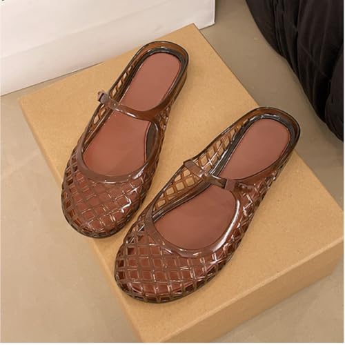 Image of Jelly Mesh Ballet Flats for Women Clear Hollow Jelly Shoes Sandals Round Toe Non-Slip Beach Ballerina Jellies Flats Shoes