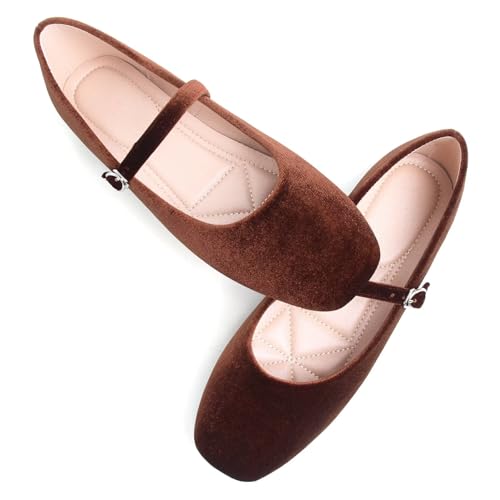 Image of TN TANGNEST Leather Flats for Women Retro Mary Jane Flats | Comfortable Square Toe Slip On Flats with Buckle Strap, Soft Work Flats Office Shoes