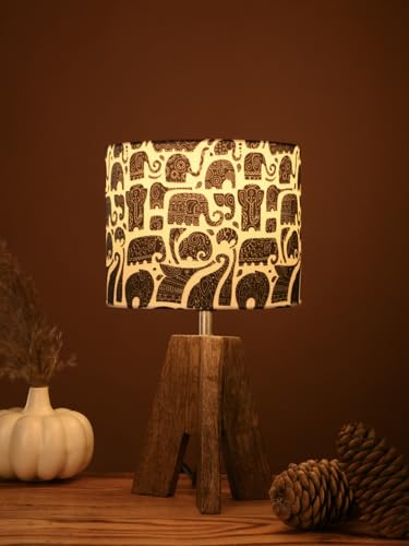 Image of Green Girgit Decorative Tri-Leg Stand Wooden Table Lamp with Black Elephant Multicolor Shade | Bedside & Reading Night Lamp for Bedroom, Living Room & Home Decor | Warm Ambient Light | 34.3 x 19.1 cm