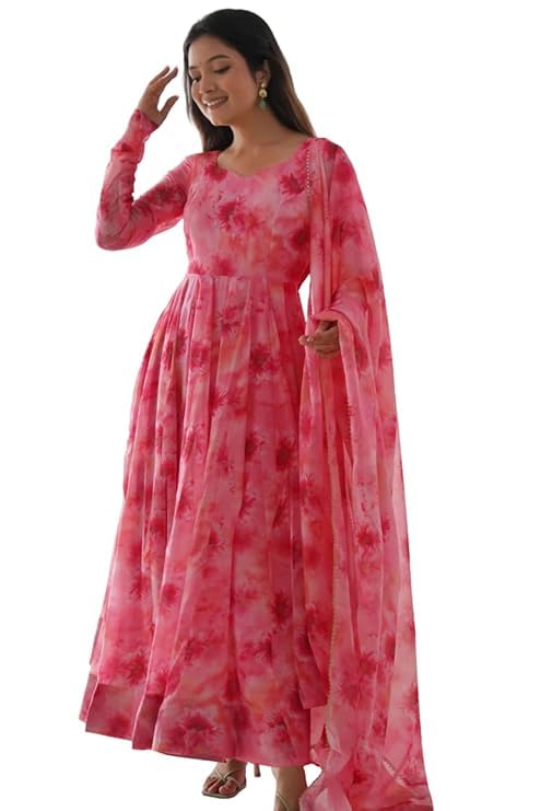 JS Creative Beautiful Pink & Red Floral Tiedye Printed Georgette Gown with Matching Dupatta Full Flared Silhouette Soft Inner Lining Long Sleeves for Festive Wedding-image-43
