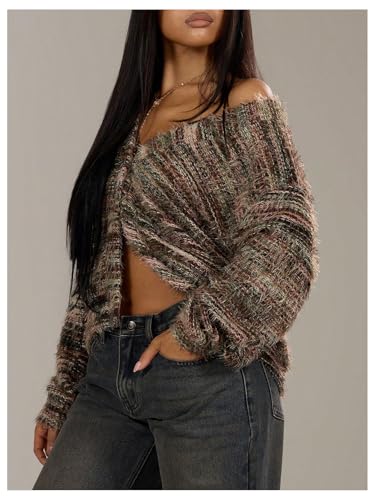 MakeMeChic Women's Striped Sweater Cardigan Fuzzy Vintage Button Down Cardigan Chocolate Brown Sweater3