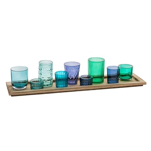 Creative Co-Op Natural Wood Tray with 9 Unique Glass Votive Candle Holders, Blues