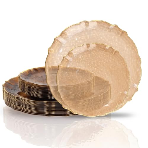 bUCLA 40PCS Brown Plastic Plates - Hammered Brown Plates with Gold Lace-Edge - Include 20 Each (10inch Dinner & 7inch Dessert) for Party & Daily Use