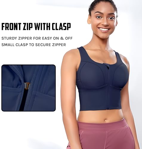 Image of Fabluk Women's Medium Impact Front Zip Sports Bra - Longline Fitness Crop Top with Criss-Cross Back, Wire-Free Yoga & Workout Tank, Sizes M-2XL