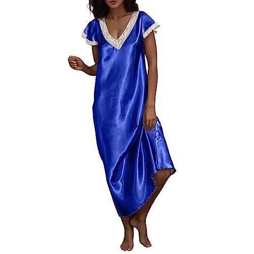 Vestido corto para mujer, cuello en V, pijama, camisones largos, ropa de dormir, azul, XL