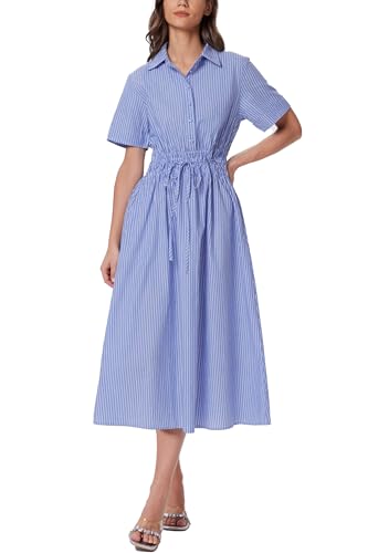 Image of Ladyful Women Casual Button Down Short Sleeve Shirt Dress Tie Waist Midi Shirt Dress Elegant Business Party