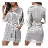 VONCYKI Vestaglia da notte da donna in raso, vestaglia da notte in raso, camicia da notte con maniche a mezze maniche, pigiama, lingerie, mini abito da notte in pizzo sexy (argento)