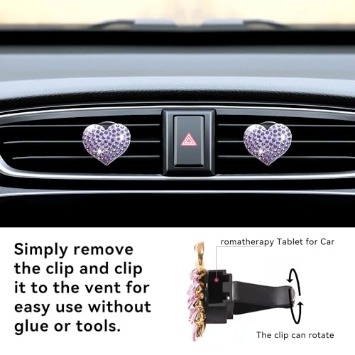 Image of Car Bling Air Vent Clips, 2 Pcs Bling Heart Charm Air Conditioning Outlet Clip, Crystal Rhinestone Accessories, Car Interior Decoration Cute Accessories for Women Girls (Purple, Vanilla)