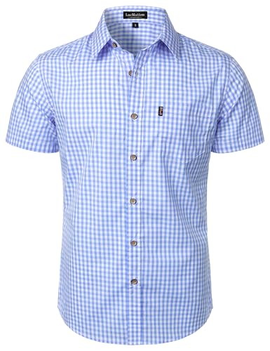 LucMatton Men's Gingham Short Sleeve Button Down Shirt Cotton Regular Fit Plaid Dress Shirts with Pocket Blue Gingham Large
