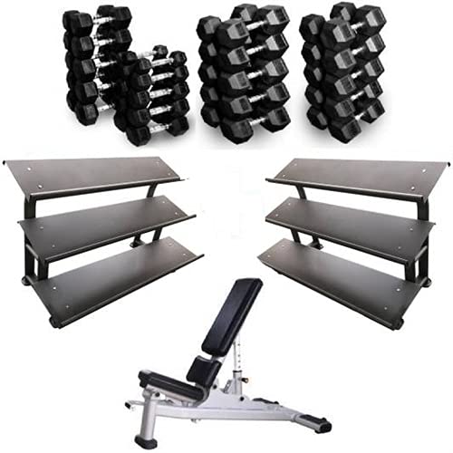 French Fitness Rubber Hex Dumbbell Set 5 to 100 lbs w Bench 2 3 Tier Dumbbell Racks New