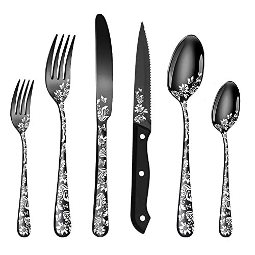 Irishom 48-teiliges Besteck Set mit Steakmesser für 8 Personen Edelstahl Geschirrset mit Blumenmuster Inkl.Messer Gabel Löffel für Haus Party...