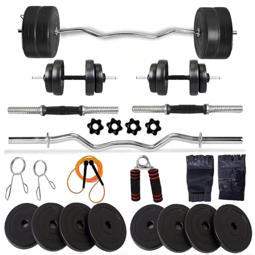 Image of Home Gym Weight Set, 20 kg Barbell with Plates, EZ Curl Bar, Dumbbell Handles, Spring Collars (8 KG)