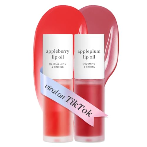 NOONI Vegan Appleseed Lip Oil Set - Appleberry & Appleplum | Long-Lasting, Moisturizing, Plumping, Revitalizing for Dry Lips, Waterproof, No Peel Off, Korean Tint, 0.12 FL Oz x 2ea