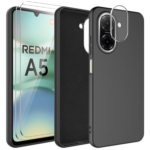 WQRTYJK Kompatibel mit Xiaomi Redmi A5 Hülle mit 2 Stück Schutzfolie und 1 Stück Kameraobjektivschutz Soft Mikrofaserfutter Handyhülle Kratzfest stoßfeste Schutz Case - Schwarz