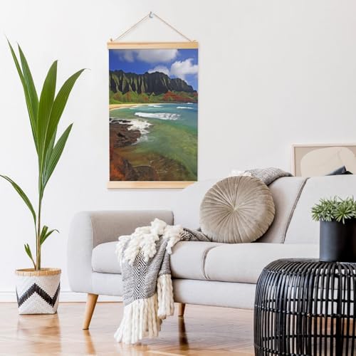 Peinture murale hawaïenne en bord de mer de Kauai sur toile de 91x61 cm avec cadres en bois