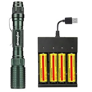 Thor fire 18650 Flashlight 4PCS 3.7V 5000m.A.h Lithium 18650 Rechargeable Battery with 4 Slot USB Battery Charger,High 4000 Lumen Zoomable Flashlight for Camping Hiking (Green)