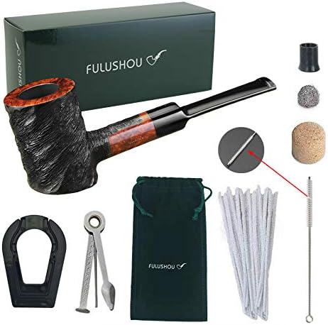 FULUSHOU Mediterranean Briar Wood Tobacco Pipe, Upscale Handmade Wood Tobacco Pipe, Carving Desktop Wood Tobacco Pipe, Perfect Gentleman's Wooden Pipe Gift, Bonus a Pipe Pouch with Gift Box