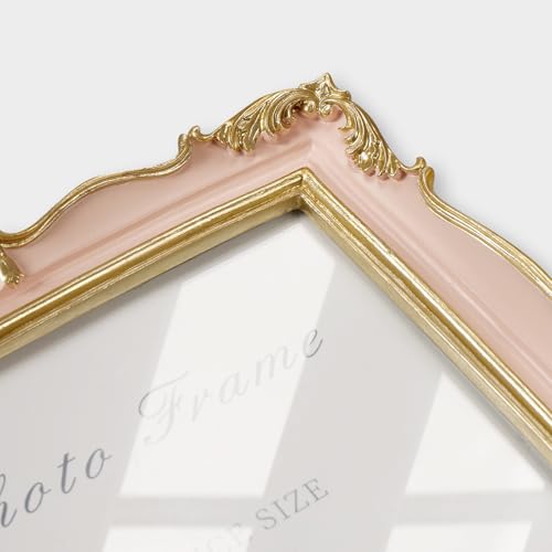 Pink 8x10 Picture Frame Vintage Frame, Ornate Pink and Gold Picture Frame with Glass Front Handcrafted Resin Frames, Antique Textured Design for Tabletop & Wall Display