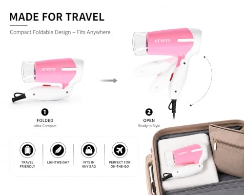Image of GUSTTO Foldable Hair Dryer 1100W | Compact Travel-Friendly Hair Dryer with Foldable Handle, Hanging Ring, 2 Heat & Speed Settings, Lightweight & Portable (Dazzling Pink), BIS Certified