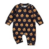 Infant Toddler Baby Boy Halloween Pumpkin Romper Long Sleeve One Piece Jumpsuit Ghost Outfit Holiday Clothes (A-Black, 6-12 Months)