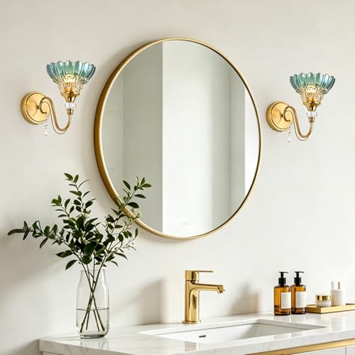 Image of 1 Piece Vintage Wall Sconce, 1-Light Brushed Gold Finish Wall Sconce with Hanging Crystal Accents and Flower-Shaped Teal Shades for Bathroom Bedroom Living Room,Vintage Vanity Light