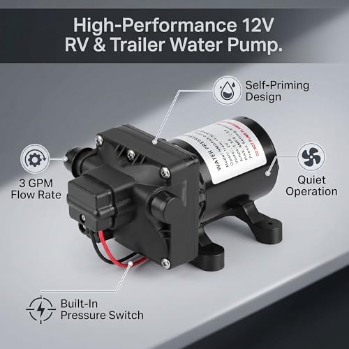 Pompe à Eau Auto-amorçante 12V DC 55 PSI 3 GPM pour Camping-Car Caravane, Pompe à Membrane avec Pressostat, Protection Thermique Intégrée