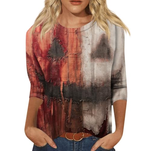 Image of Women Spooky Halloween Graphic Shirt 3 /4 Length Sleeve Crewneck Top | Halloween Funny Printed Pumpkin Plus Size Tshirts 2026 Fall Outfits Skeleton Tee Going Out Tops